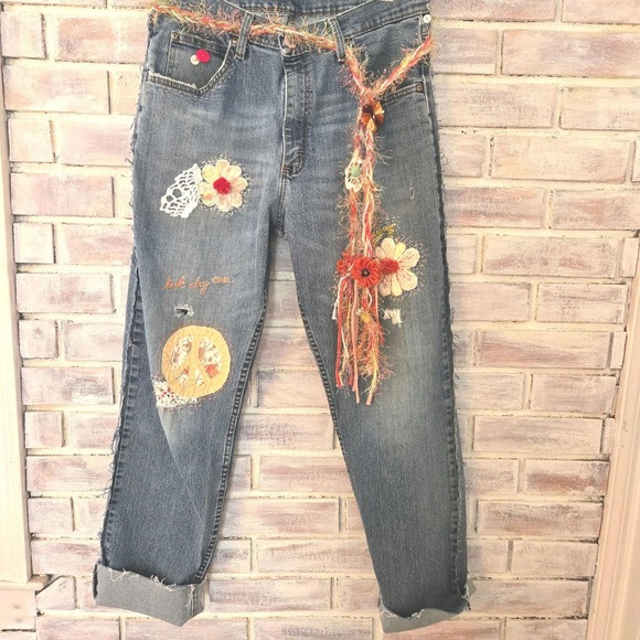 Upcycled One of a kind  Distressed Patched Vintage lace Boyfriend Jeans Size 32‎ - Picture 1 of 10